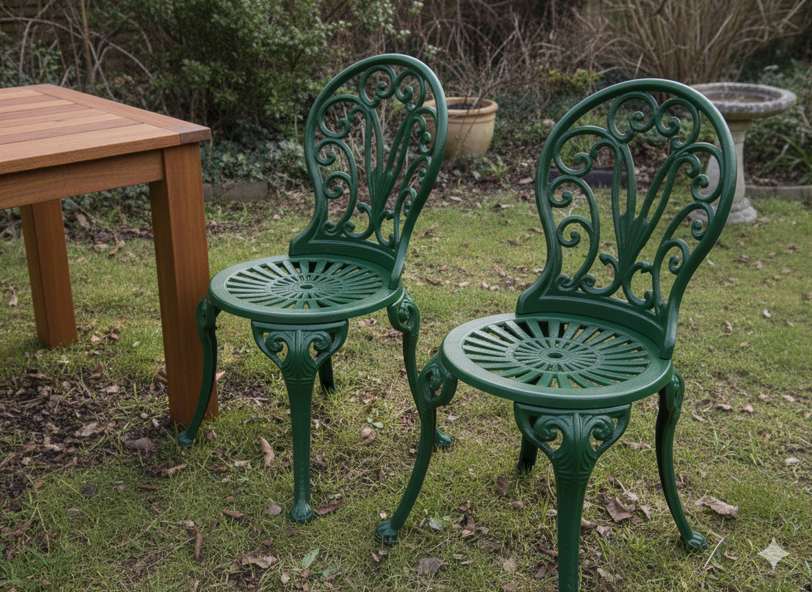 Refinished metal garden chairs after restoration