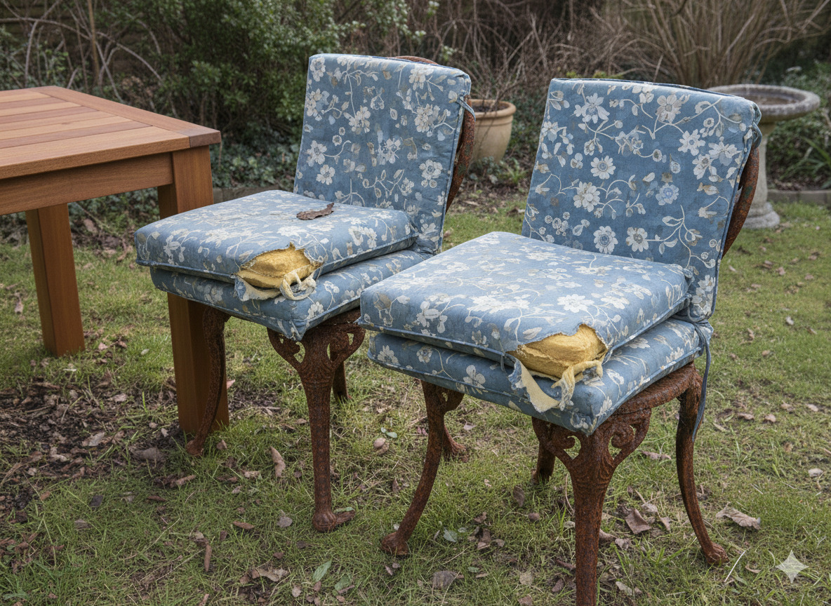 Faded and torn outdoor cushions before replacement